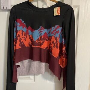 Free People Black and Red Mountain Print Long Sleeve Top